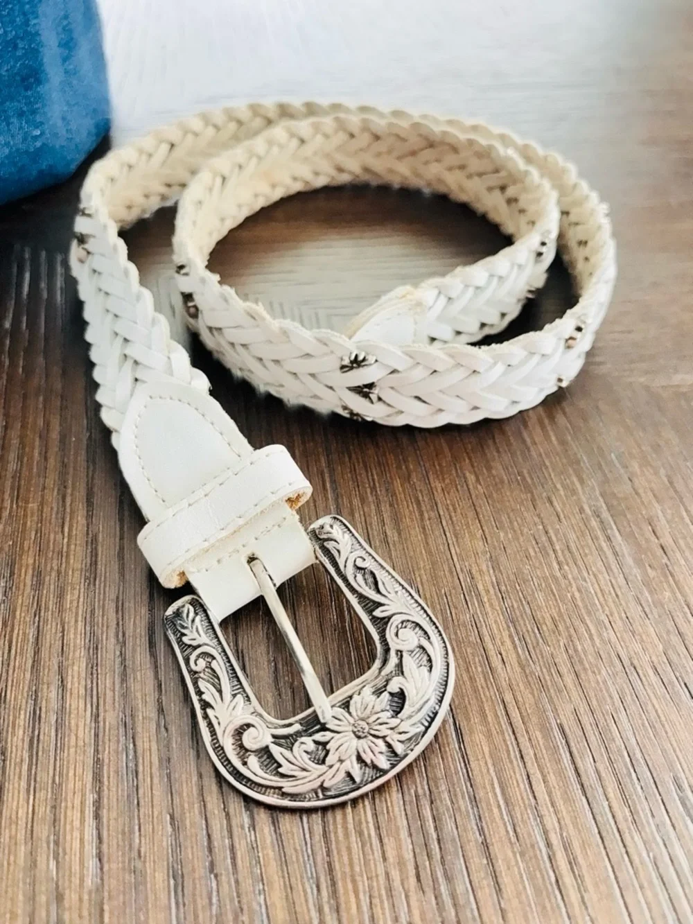 Boho Western Braided Leather Belt White Silver Buckle Anthropologie Style